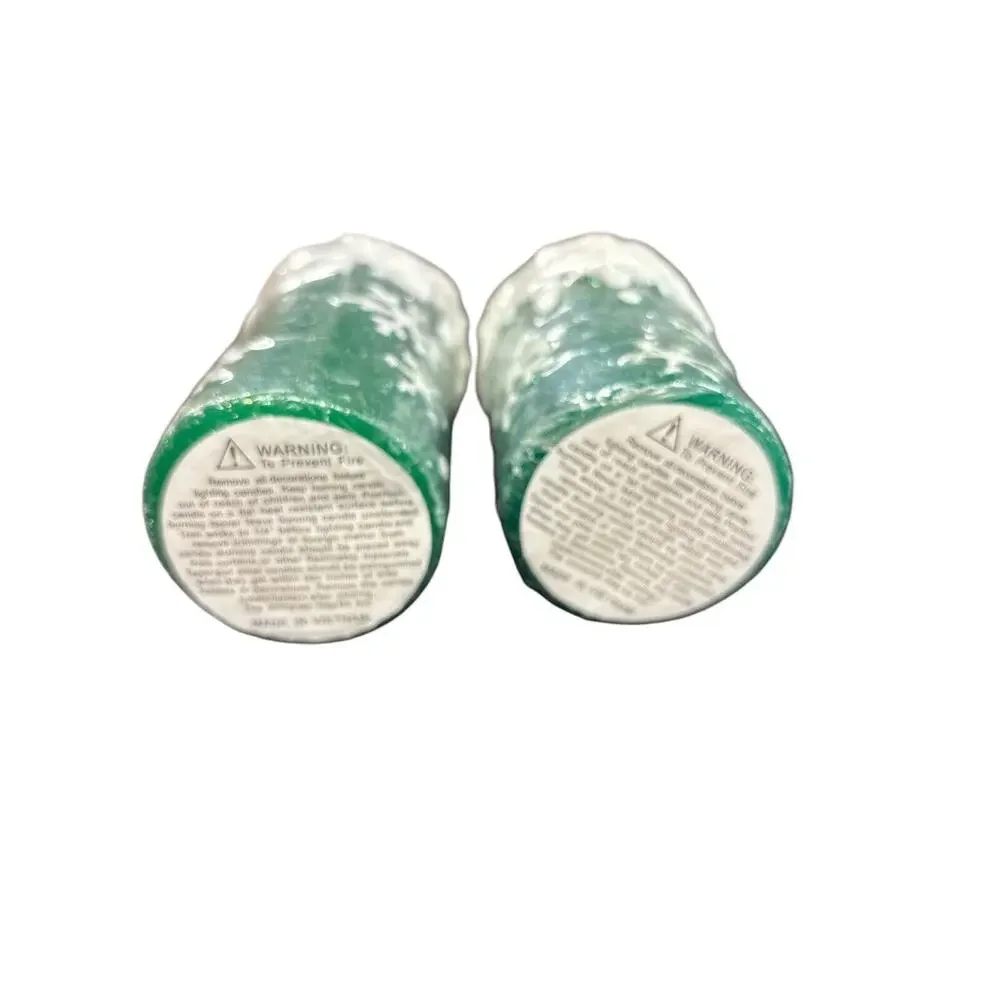 Vintage Christmas Pillar Snowflake Candles •‎ Green Foil, Glitter & Snow Topped